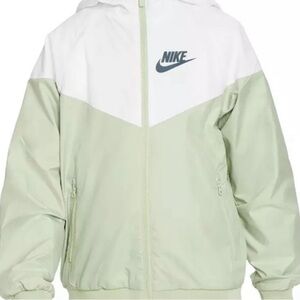Nike White and Light Green Hooded Windbreaker / Raincoat Jacket
